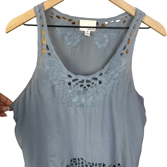 Greylin Womens Medium Blue 100% Silk Top Costal Lightweight Lace Floral Blouse - Picture 3 of 8